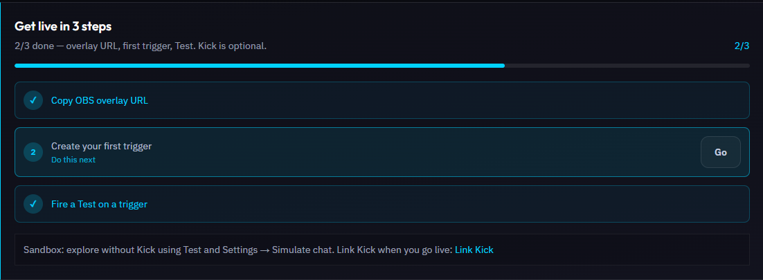 Trigglow Overview page showing the "Get live in 3 steps" checklist: copy the OBS overlay URL, create your first trigger, fire a test
